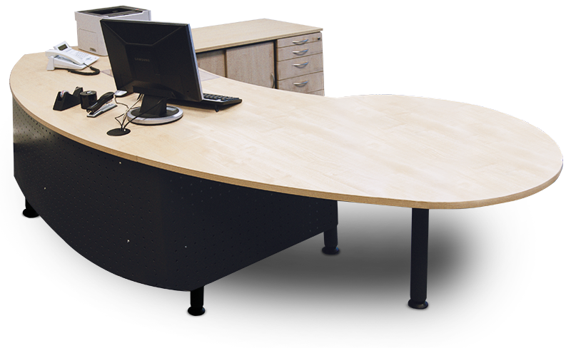 Freiform-Schreibtisch mit Holzoberfläche und Technikmodul im Büro