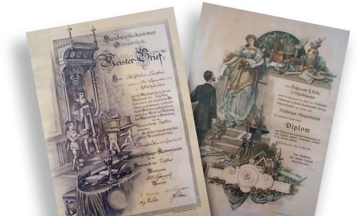 Historischer Meisterbrief und Diplomurkunde als Nachweis handwerklicher Qualifikation